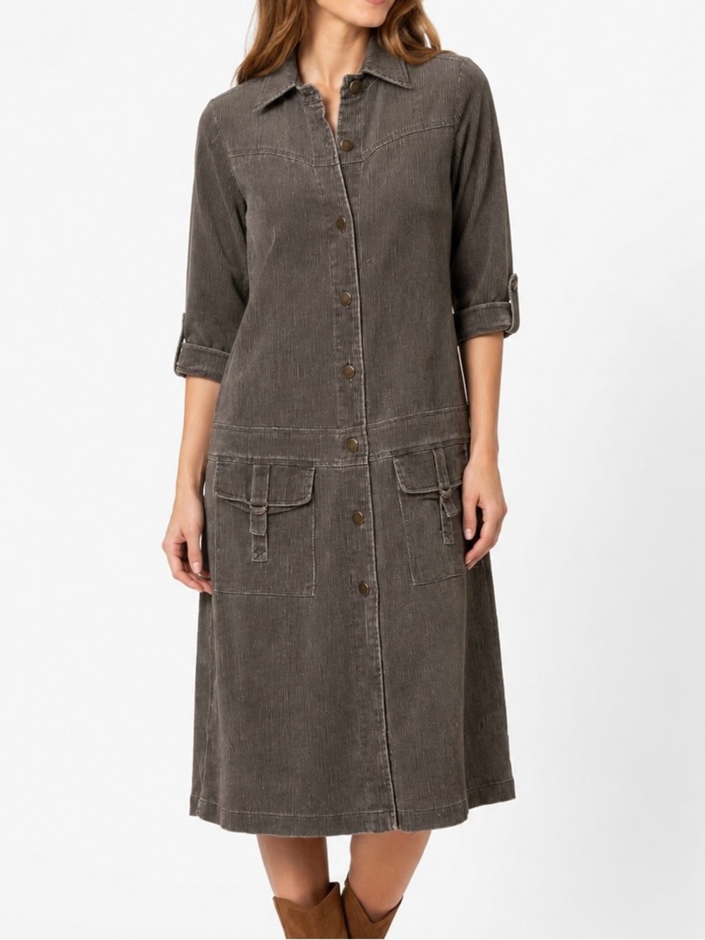Brown Corduroy Button Front Utility Midi Shirt Dress Women’s Medium